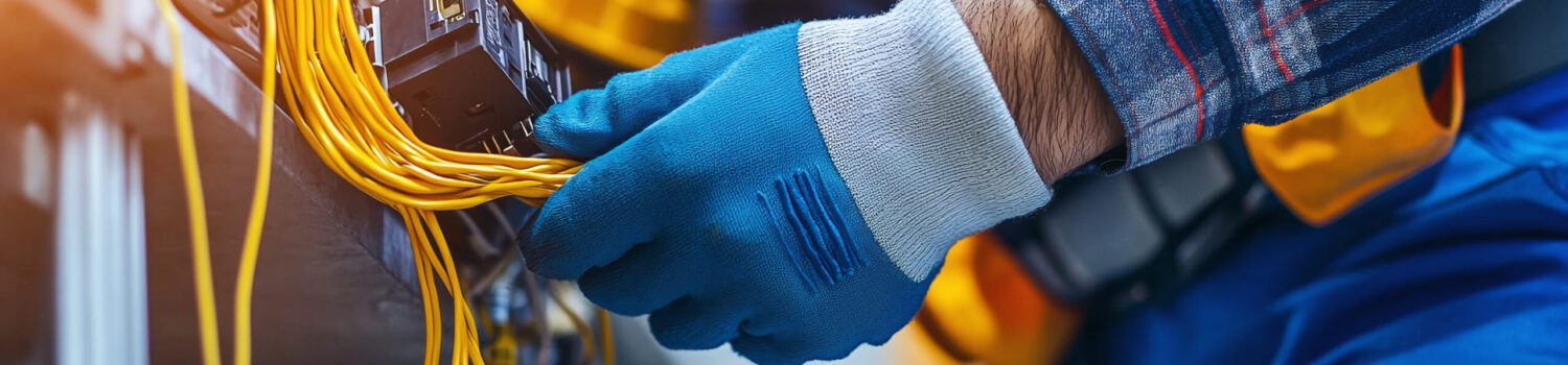 Close-up of an electrician's hands in protective gloves handling yellow cables in a control panel. Great for electrical work, industry, and technology themes.