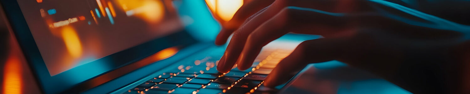 A close-up of hands typing on a laptop with a vibrant, colorful background, suggesting a tech-oriented environment or creative workspace.