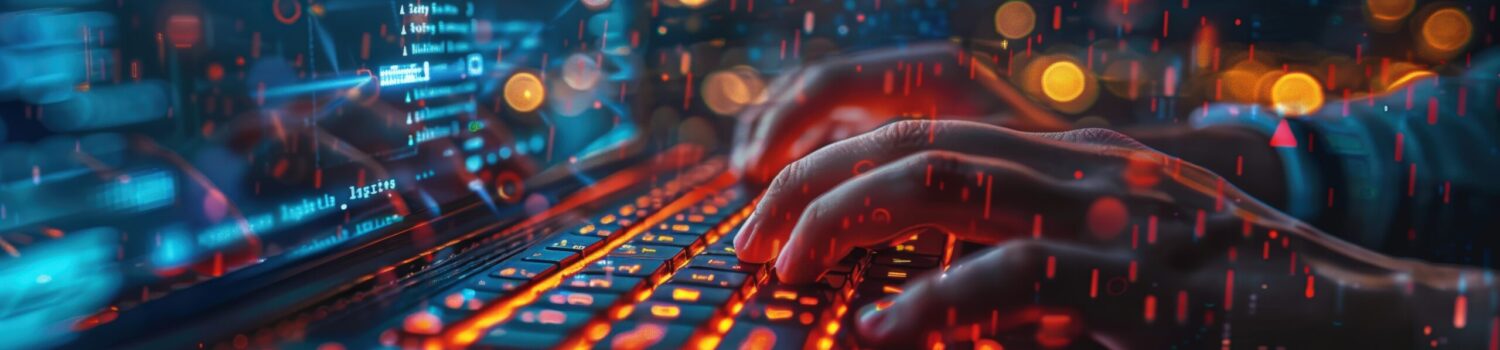 Close-up of hands typing on a keyboard with a futuristic digital interface and data visualization elements in the background.