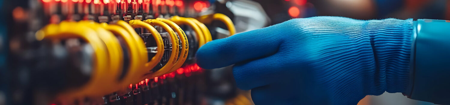 Closeup of a Hand in a Blue Glove Connecting Yellow Cables to a Server Rack