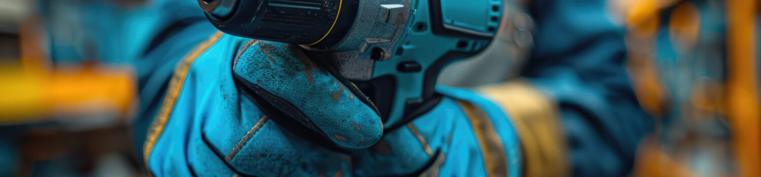 Closeup of hands holding a power drill, a worker in a uniform and gloves with a tool belt on a blurred background. An advertisement for an electric drill with a tip border.